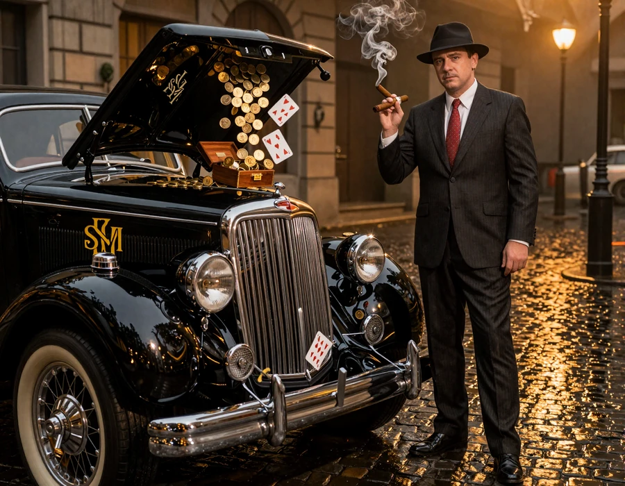 3D schwarzer Mafia Cadillac mit SlotMafia Monogramm und Don Maskottchen mit Zigarre