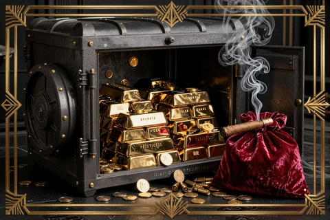 Willkommensbonus Tresor mit Goldbarren und M&uuml;nzen